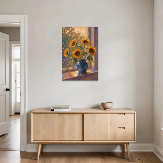 Sunflowers in Vase Painting by the Window - Canvas Wall Art - Coffee Table - 24x36