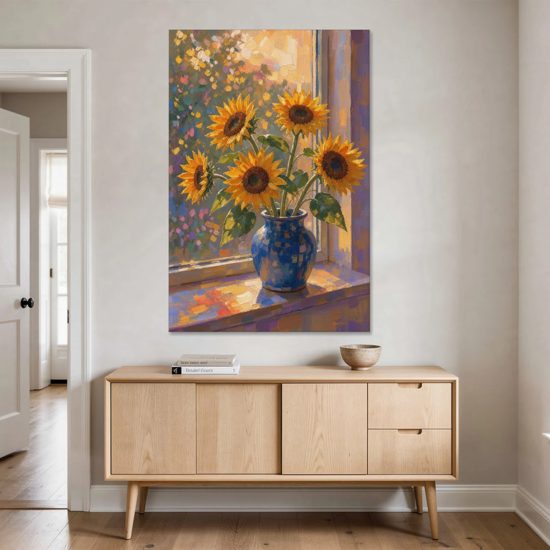 Sunflowers in Vase Painting by the Window - Canvas Wall Art - Coffee Table - 40x60
