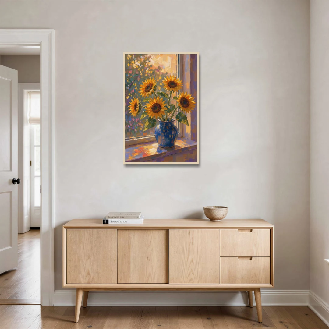 Sunflowers in Vase Painting by the Window - Oak Framed Canvas Wall Art - Coffee Table - 24x36