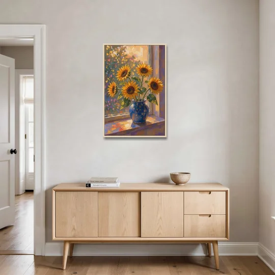 Sunflowers in Vase Painting by the Window - Oak Framed Canvas Wall Art - Coffee Table - 24x36