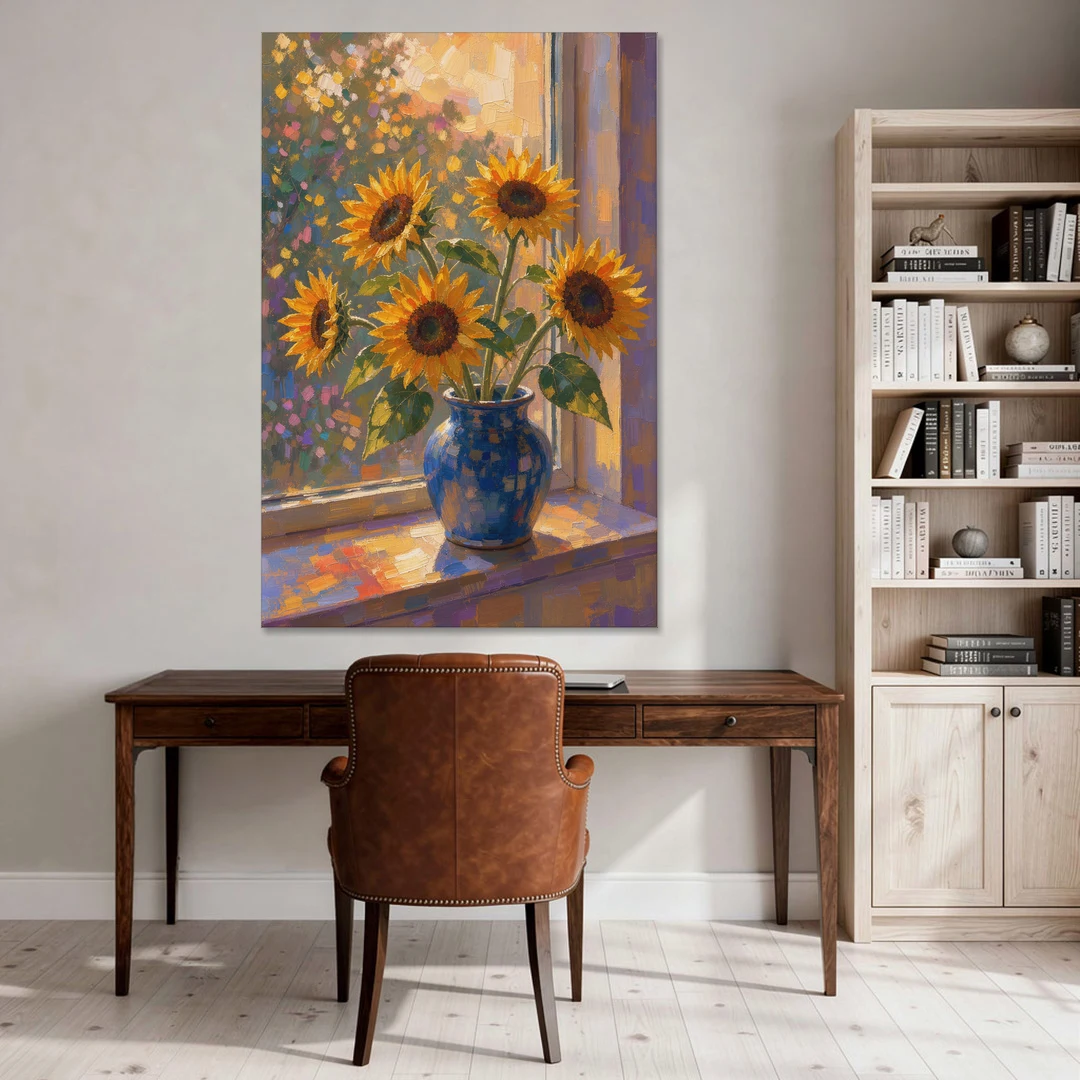 Sunflowers in Vase Painting by the Window - Canvas Wall Art - Office - 40x60