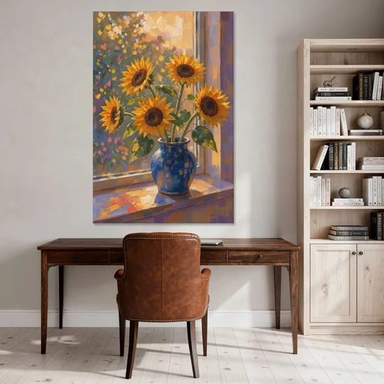 Sunflowers in Vase Painting by the Window - Canvas Wall Art - Office - 40x60