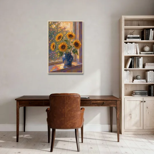 Sunflowers in Vase Painting by the Window - Oak Framed Canvas Wall Art - Office - 24x36
