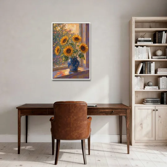 Sunflowers in Vase Painting by the Window - White Framed Canvas Wall Art - Office - 24x36