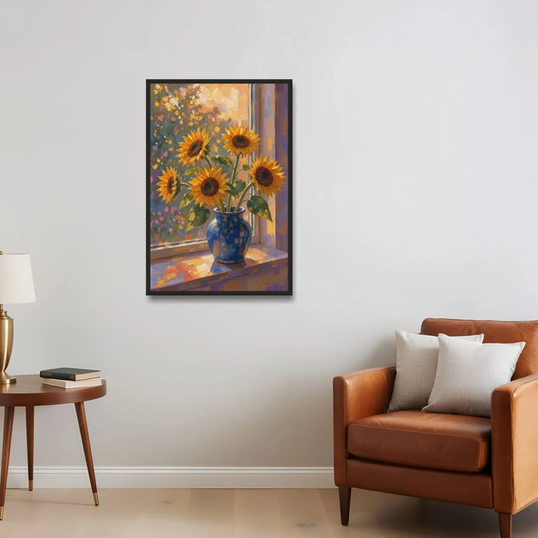 Sunflowers in Vase Painting by the Window - Black Framed Canvas Wall Art - Sofa - 24x36