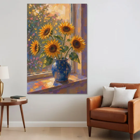 Sunflowers in Vase Painting by the Window - Canvas Wall Art - Sofa - 40x60