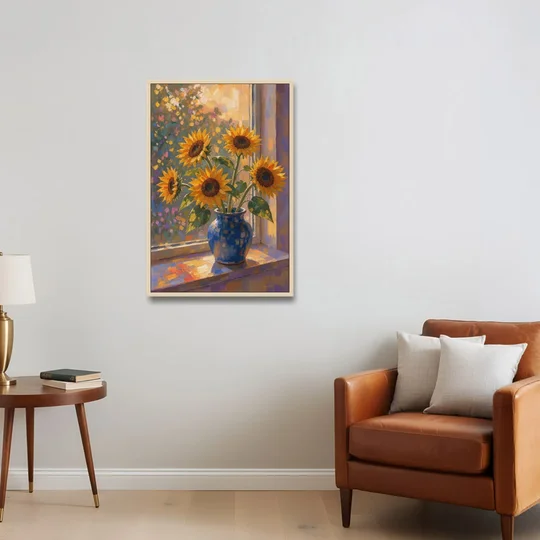 Sunflowers in Vase Painting by the Window - Oak Framed Canvas Wall Art - Sofa - 24x36