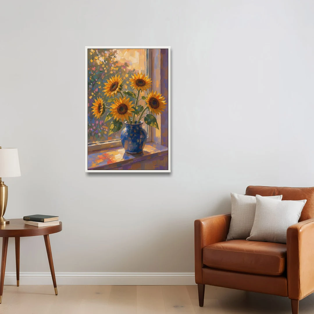 Sunflowers in Vase Painting by the Window - White Framed Canvas Wall Art - Sofa - 24x36