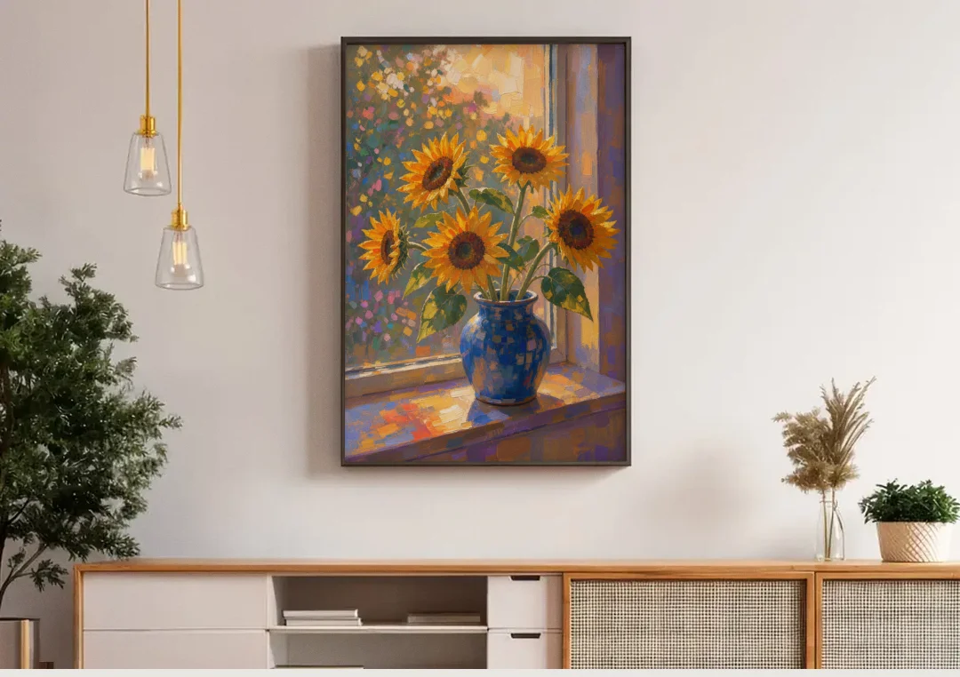 Sunflowers in Vase Painting by the Window canvas wall art above a wooden sideboard under pendant lights