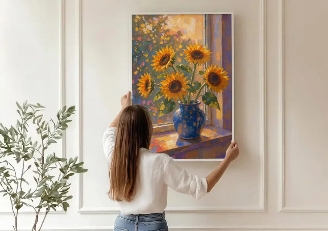 Sunflowers in Vase Painting by the Window canvas wall art being hung on a paneled wall