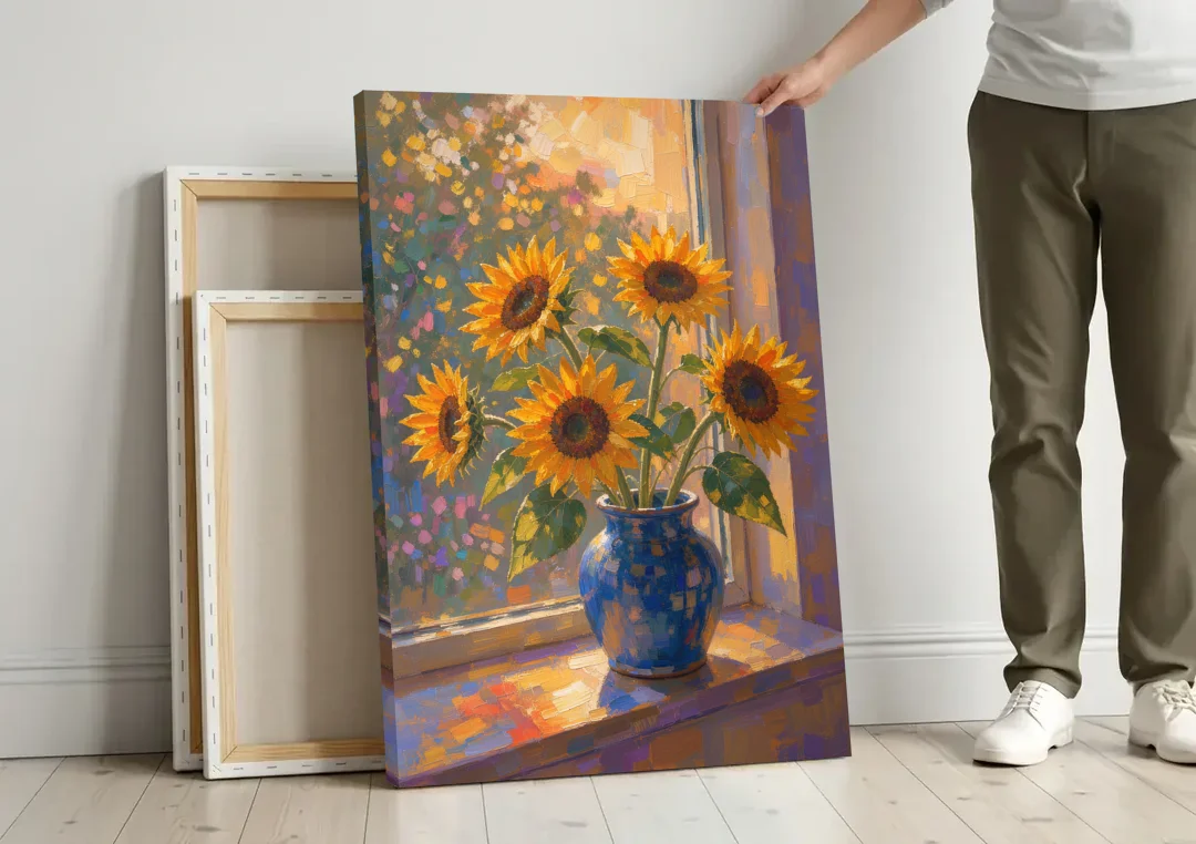 Sunflowers in Vase Painting by the Window canvas wall art leaning against a wall next to blank canvases