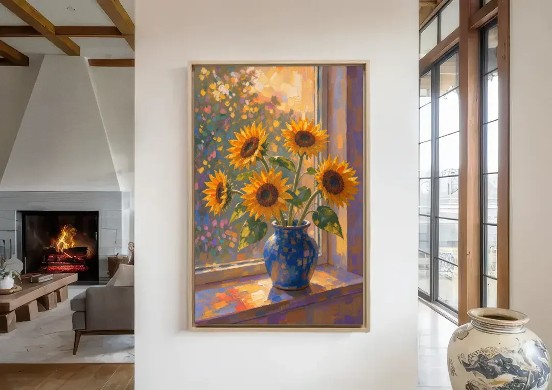 Sunflowers in Vase Painting by the Window canvas wall art in a living room with a fireplace