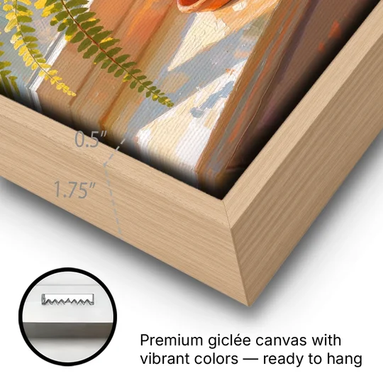 Sunlit Boston Fern in a Terracotta Pot - Oak Framed Canvas Wall Art - Gallery Wrap Corner