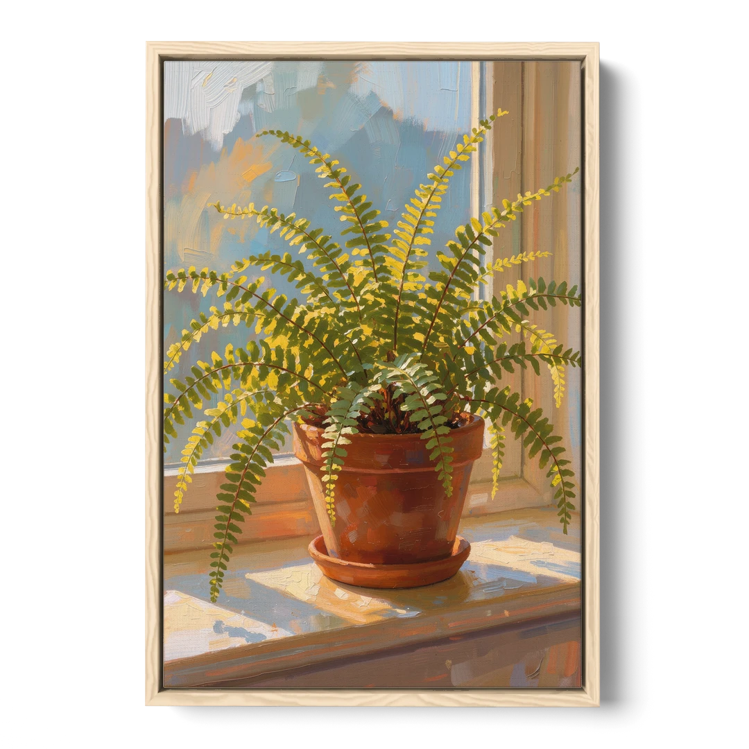 Sunlit Boston Fern in a Terracotta Pot - Oak Framed Canvas Wall Art - Front