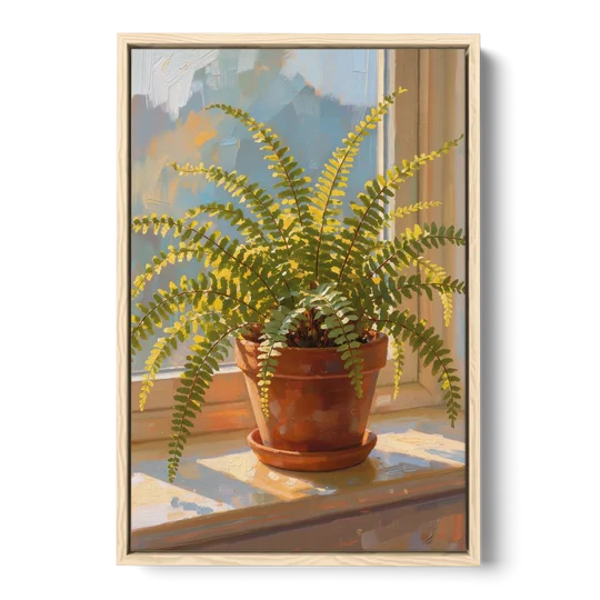 Sunlit Boston Fern in a Terracotta Pot - Oak Framed Canvas Wall Art - Front