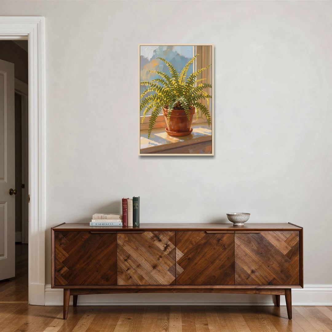 Sunlit Boston Fern in a Terracotta Pot - Oak Framed Canvas Wall Art - Coffee Table - 24x36