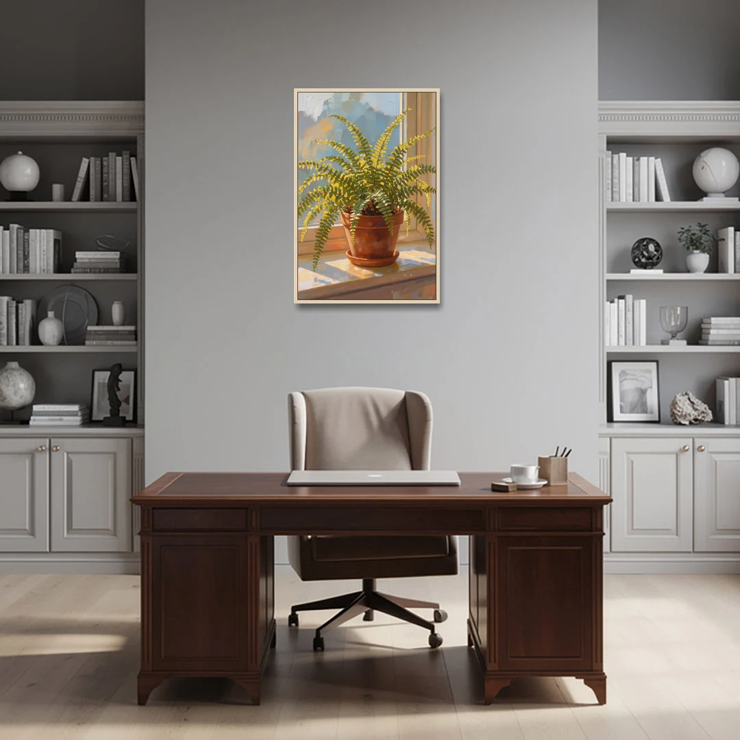 Sunlit Boston Fern in a Terracotta Pot - Oak Framed Canvas Wall Art - Office - 24x36