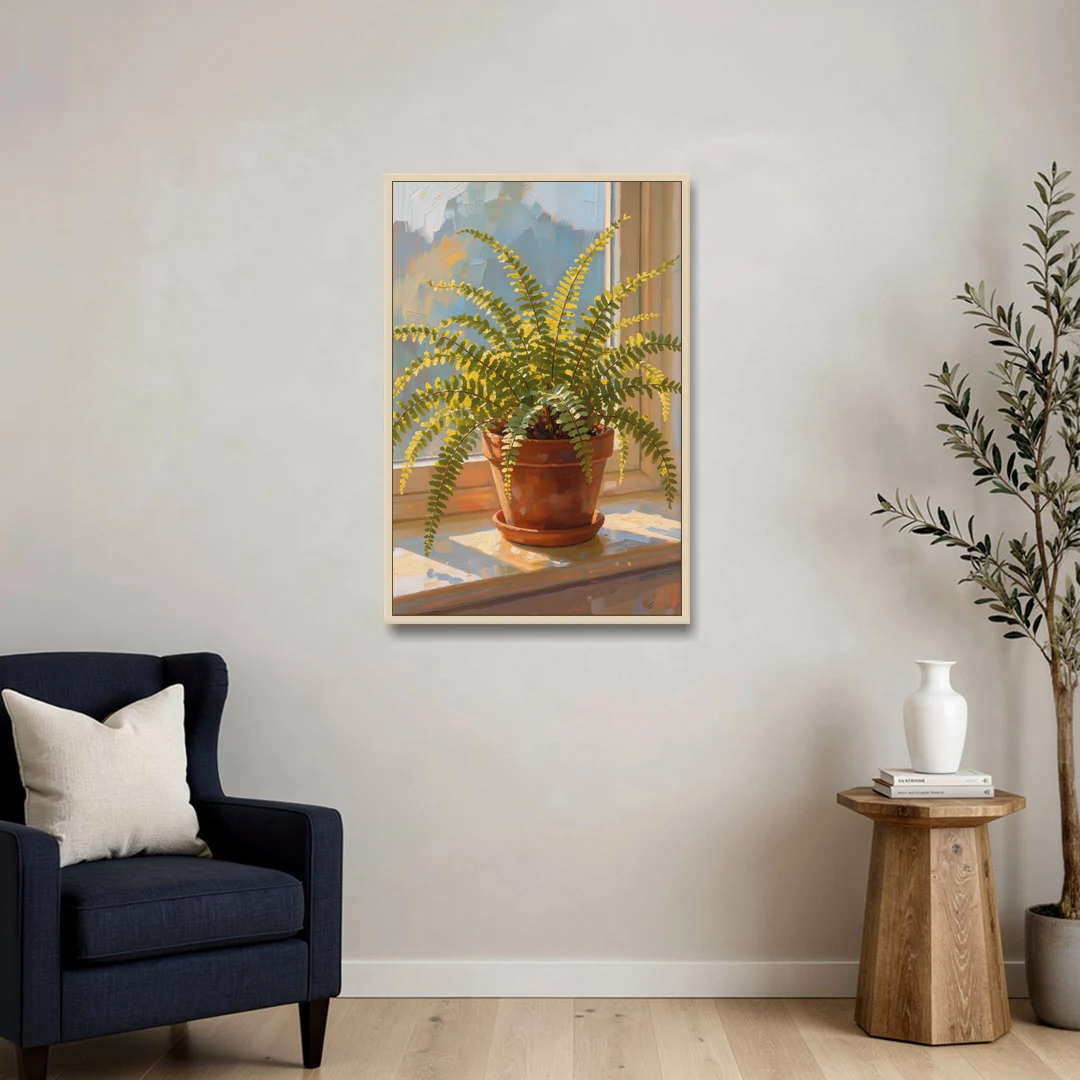 Sunlit Boston Fern in a Terracotta Pot - Oak Framed Canvas Wall Art - Sofa - 24x36