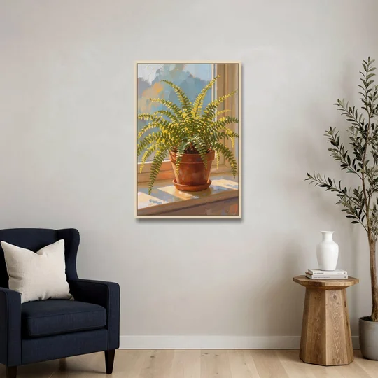 Sunlit Boston Fern in a Terracotta Pot - Oak Framed Canvas Wall Art - Sofa - 24x36