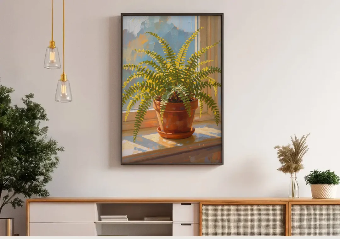Sunlit Boston Fern in a Terracotta Pot canvas wall art above a wooden sideboard under pendant lights