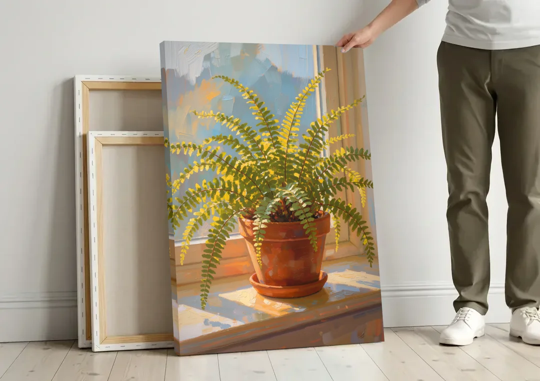 Sunlit Boston Fern in a Terracotta Pot canvas wall art leaning against a wall next to blank canvases