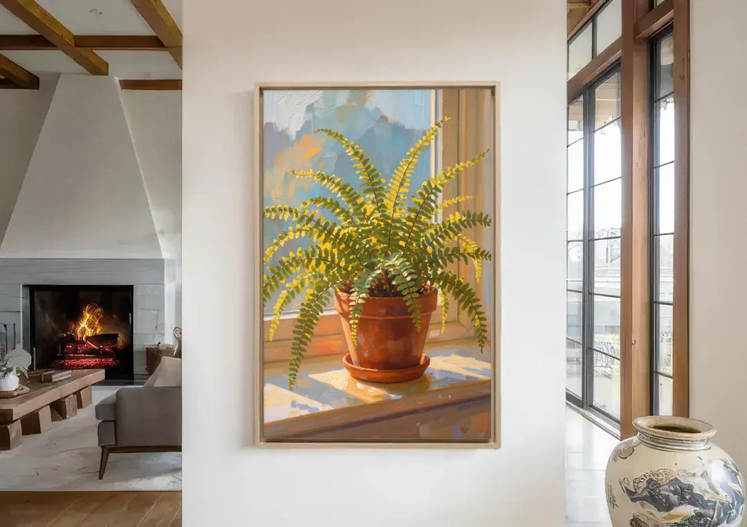 Sunlit Boston Fern in a Terracotta Pot canvas wall art in a living room with a fireplace