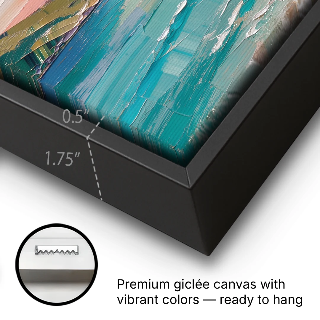 Sunrise Bay Between Sage Green Headlands - Black Framed Canvas Wall Art - Gallery Wrap Corner