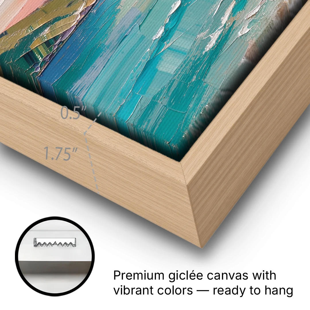 Sunrise Bay Between Sage Green Headlands - Oak Framed Canvas Wall Art - Gallery Wrap Corner