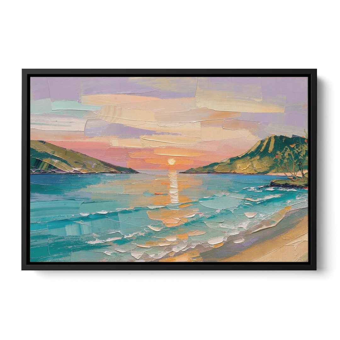 Sunrise Bay Between Sage Green Headlands - Black Framed Canvas Wall Art - Front