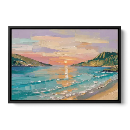 Sunrise Bay Between Sage Green Headlands - Black Framed Canvas Wall Art - Front