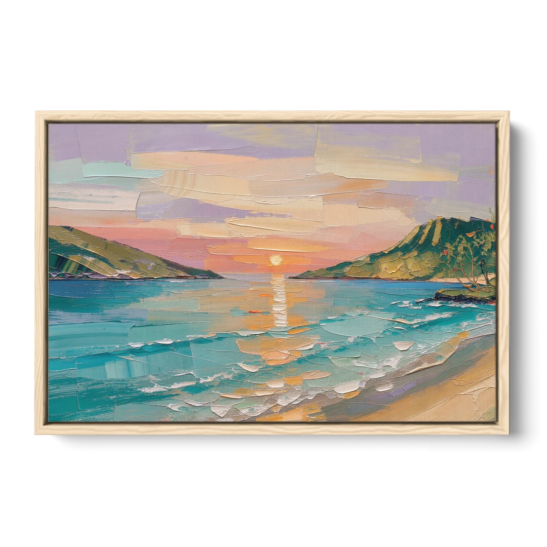 Sunrise Bay Between Sage Green Headlands - Oak Framed Canvas Wall Art - Front