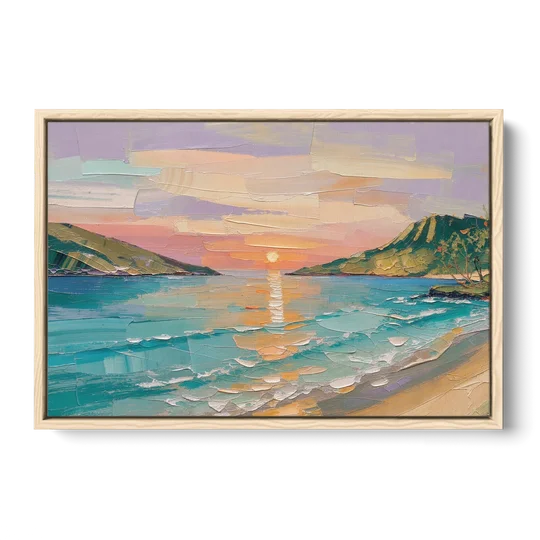 Sunrise Bay Between Sage Green Headlands - Oak Framed Canvas Wall Art - Front