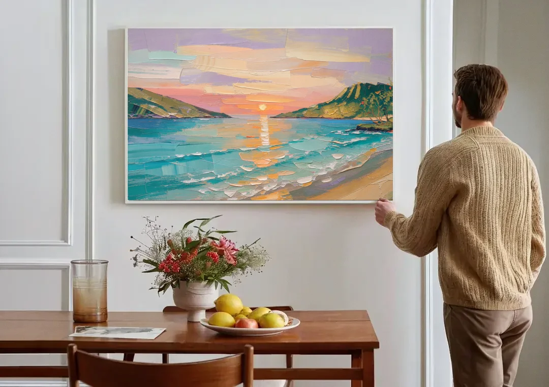 Sunrise Bay Between Sage Green Headlands canvas wall art above a dining table
