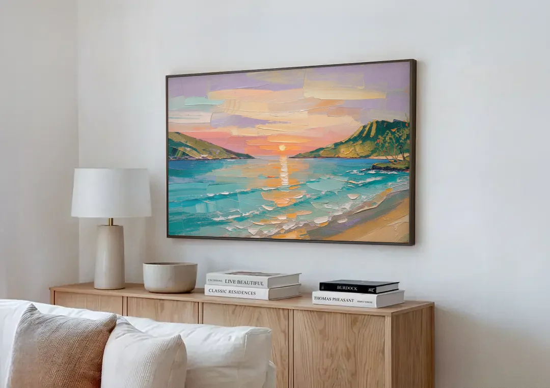 Sunrise Bay Between Sage Green Headlands canvas wall art above a wooden sideboard next to a sofa