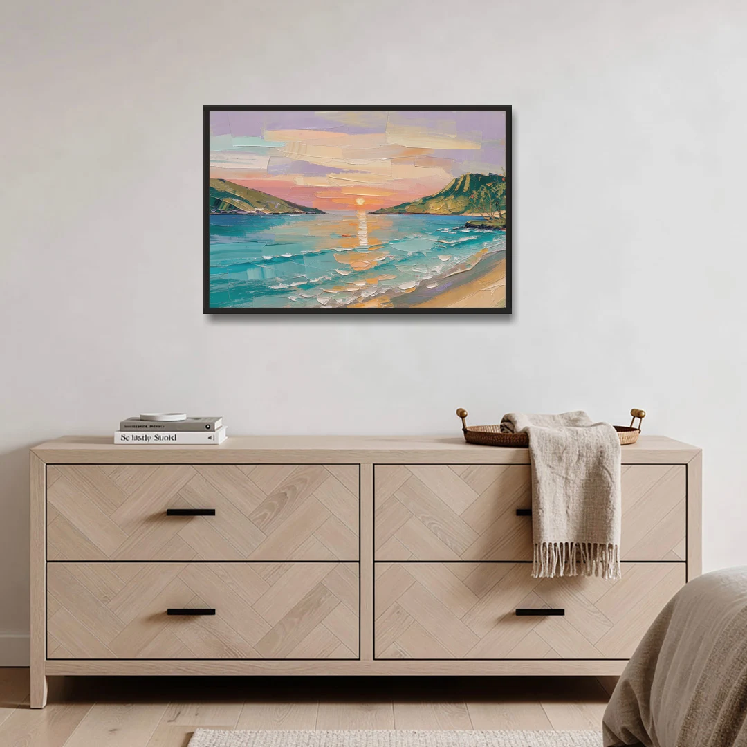 Sunrise Bay Between Sage Green Headlands - Black Framed Canvas Wall Art - Coffee Table - 36x24