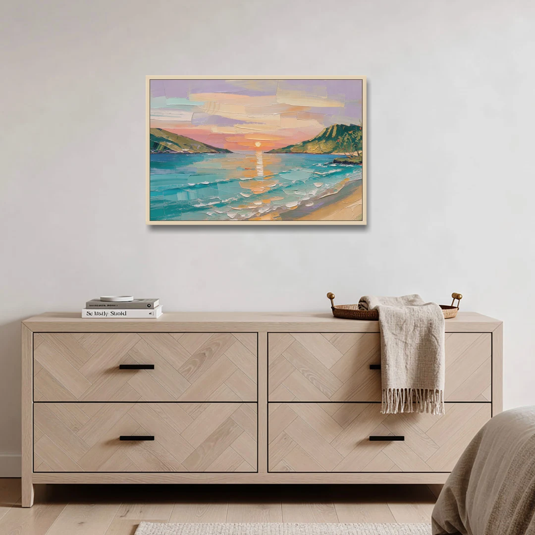 Sunrise Bay Between Sage Green Headlands - Oak Framed Canvas Wall Art - Coffee Table - 36x24