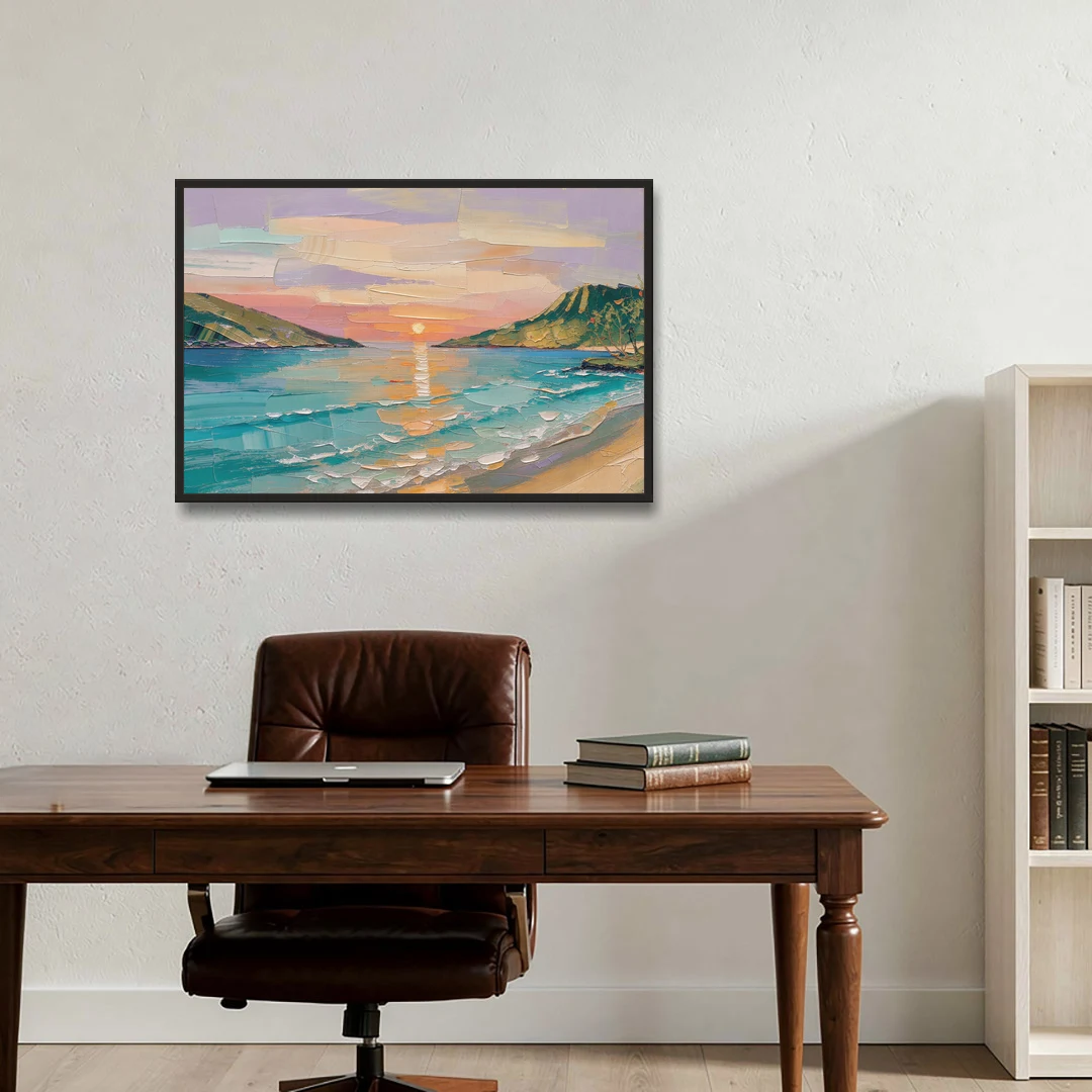 Sunrise Bay Between Sage Green Headlands - Black Framed Canvas Wall Art - Office - 36x24