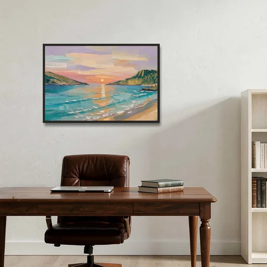 Sunrise Bay Between Sage Green Headlands - Black Framed Canvas Wall Art - Office - 36x24