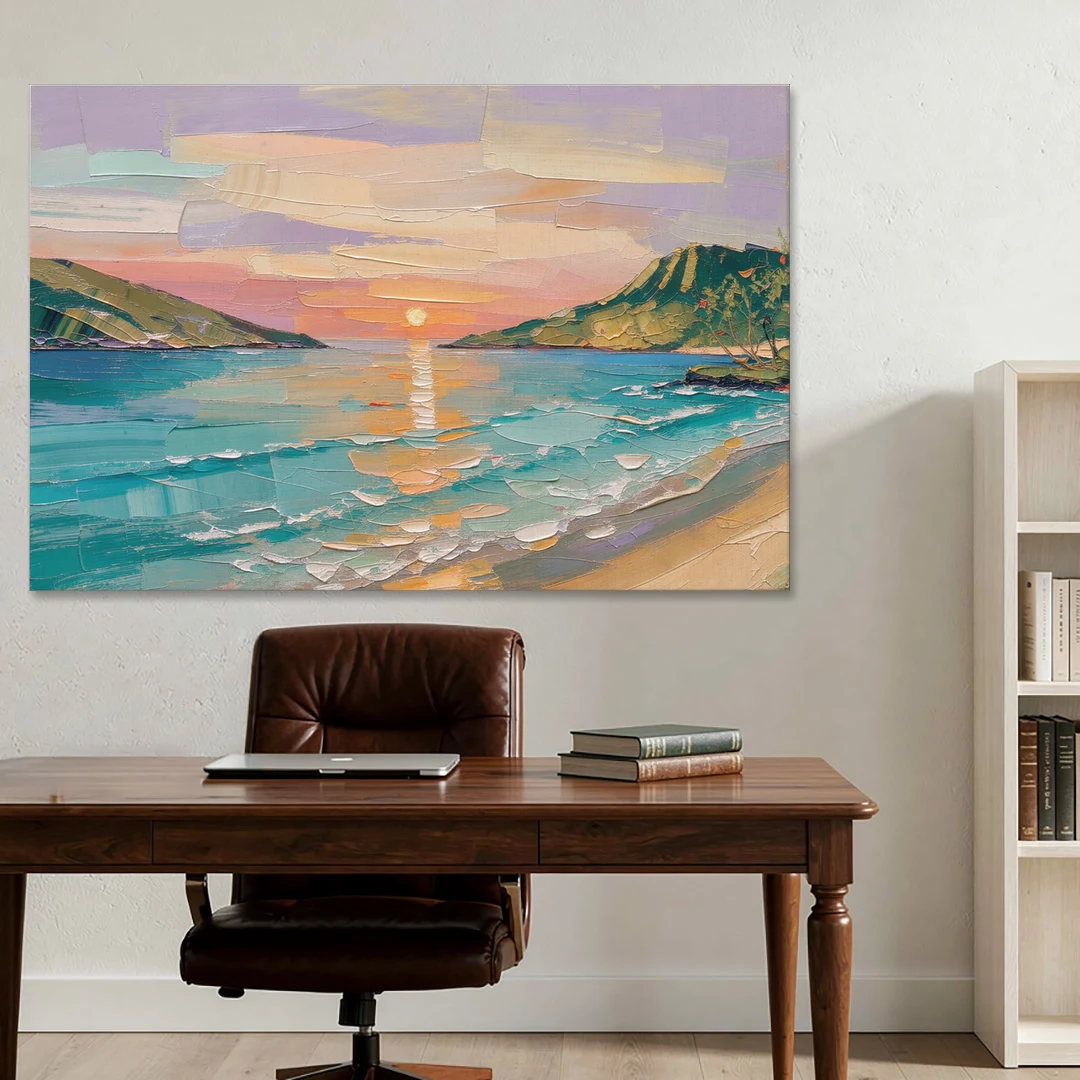 Sunrise Bay Between Sage Green Headlands - Canvas Wall Art - Office - 60x40