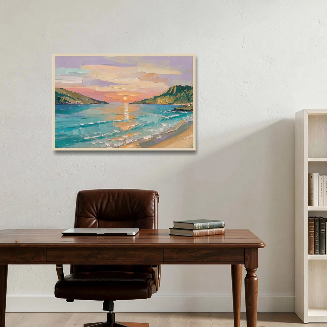 Sunrise Bay Between Sage Green Headlands - Oak Framed Canvas Wall Art - Office - 36x24