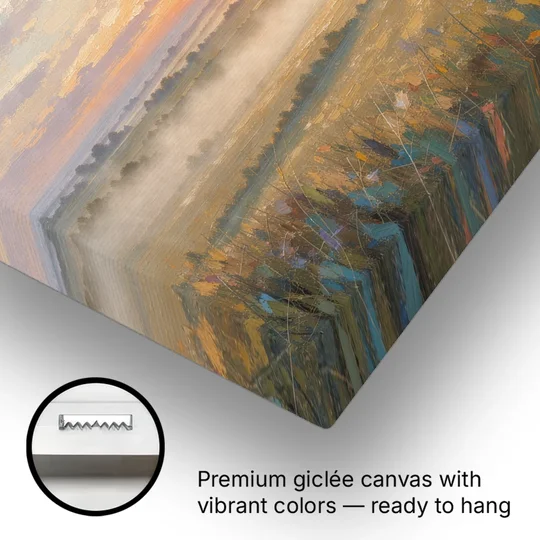Sunrise Landscape Painting Over Misty Farmland - Canvas Wall Art - Gallery Wrap Corner
