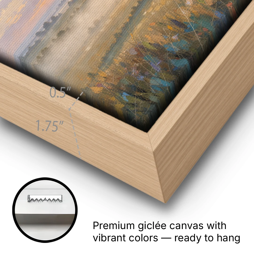 Sunrise Landscape Painting Over Misty Farmland - Oak Framed Canvas Wall Art - Gallery Wrap Corner