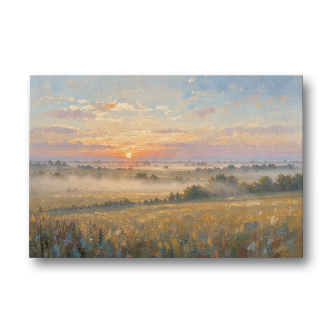 Sunrise Landscape Painting Over Misty Farmland - Canvas Wall Art - Front