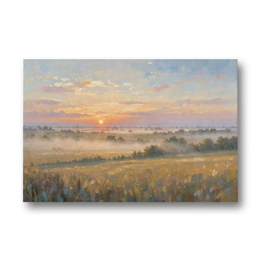 Sunrise Landscape Painting Over Misty Farmland - Canvas Wall Art - Front