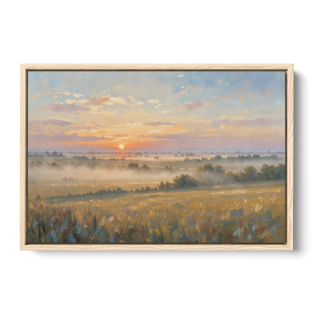 Sunrise Landscape Painting Over Misty Farmland - Oak Framed Canvas Wall Art - Front