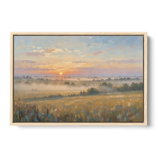 Sunrise Landscape Painting Over Misty Farmland - Oak Framed Canvas Wall Art - Front