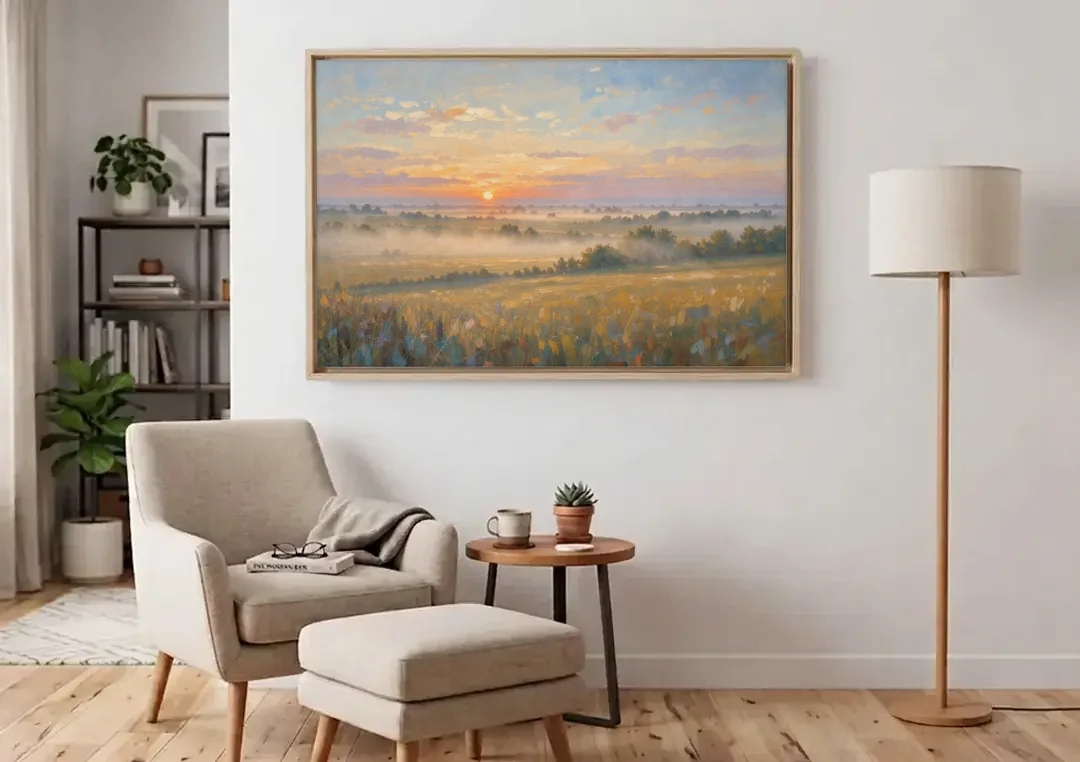 Sunrise Landscape Painting Over Misty Farmland canvas wall art above an armchair in a bright living room