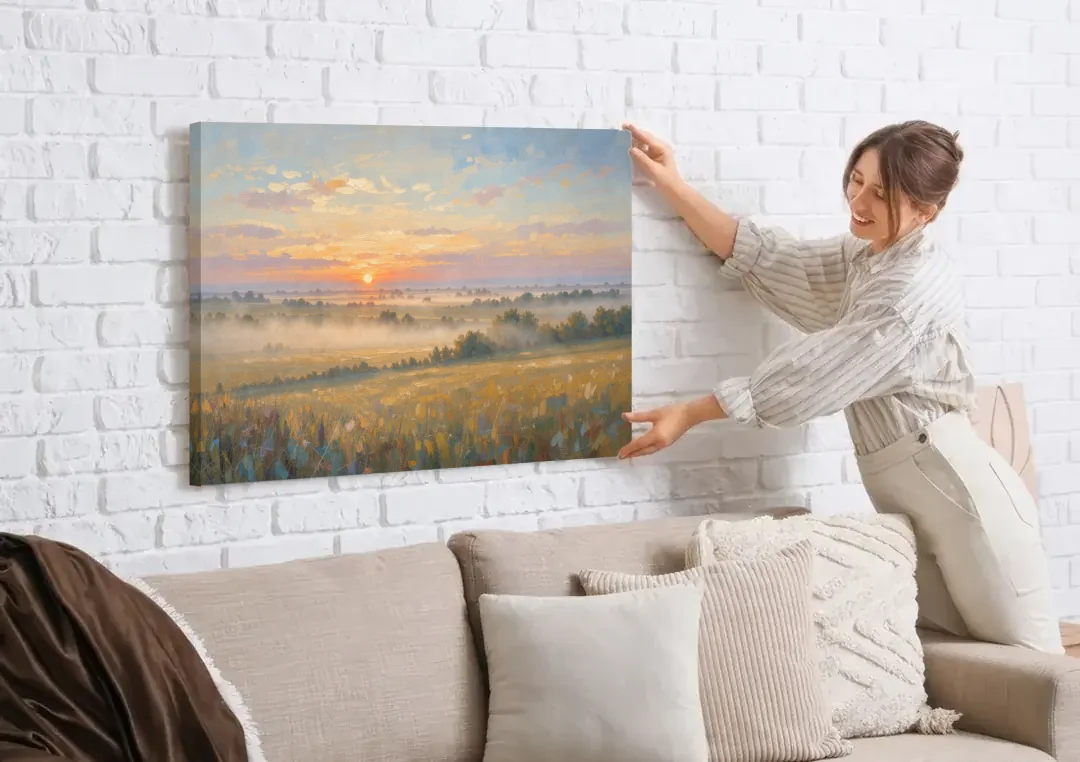 Sunrise Landscape Painting Over Misty Farmland canvas wall art being hung on a white brick wall above a sofa