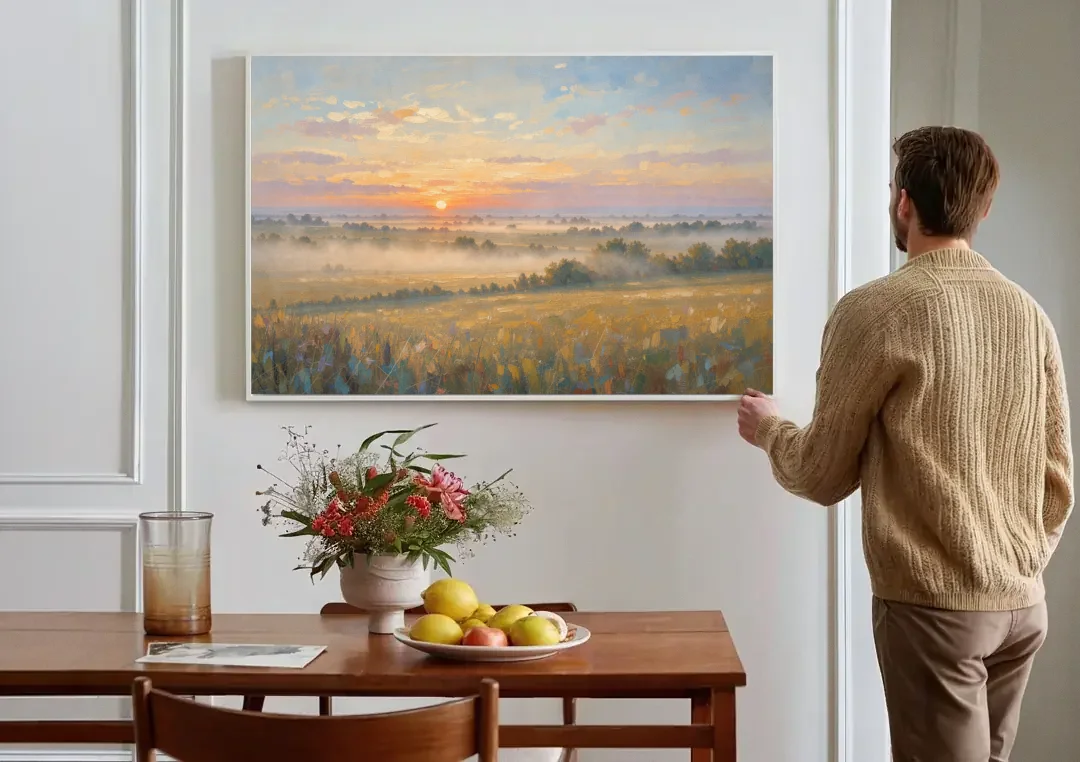Sunrise Landscape Painting Over Misty Farmland canvas wall art above a dining table
