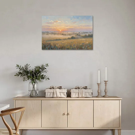 Sunrise Landscape Painting Over Misty Farmland - Canvas Wall Art - Coffee Table - 36x24